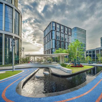 View of buildings of an urban business district with modern, sustainable architecture.