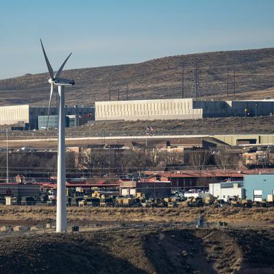 NSA data facility in Bluffdale on Wednesday, Feb 4, 2026. A wind turbine is in front.
