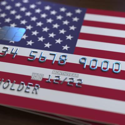 A bank card featuring the United States of America's flag. 