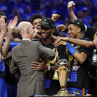 The Oklahoma City Thunder celebrating after defeating the Indiana Pacers in Game 7 of the 2025 NBA Finals at Paycom Center in Oklahoma City, Oklahoma.