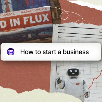 A custom graphic with 'How to start a business' illustrated as a search engine prompt.