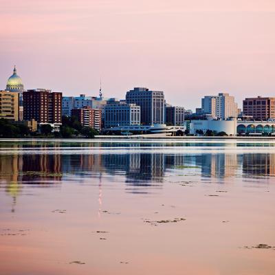 A view of Madison's downtown skyline across Lake Monona in Wisconsin.