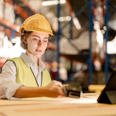 A female industrial staff in a safety suit working inside a warehouse.