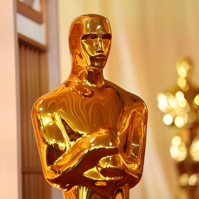 A view of a decorative Oscar statue on the red carpet during preparations for Sunday night's Academy Awards ceremony held at the Dolby Theatre, located within the Ovation Hollywood shopping complex in Hollywood Saturday, March 14, 2026. 