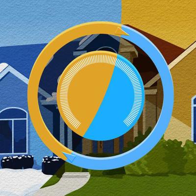 A custom graphic of a heating switch with contrasting illustrations of a home in cool and warm temperatures.