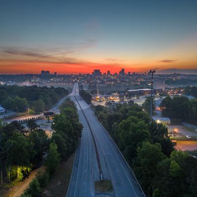 A top view of a highway into Columbia, South Carolina, USA at dawn.