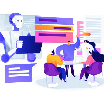 An abstract concept vector illustration of automated meetings using transcription bots.