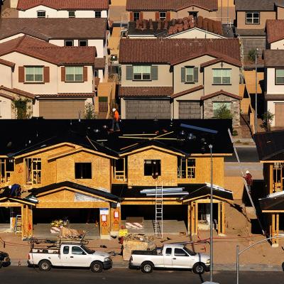 An aerial view of homes under construction at a new housing development in Henderson, Nevada, Las Vegas, USA.