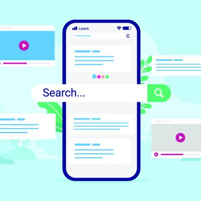 A vector illustration of search engine graphics on a phone screen.