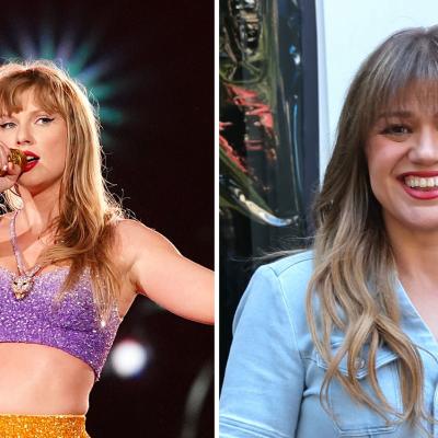 Left: Taylor Swift performs onstage during "Taylor Swift | The Eras Tour",Right: Kelly Clarkson is seen at Tom's Restaurant on September 04, 2024 in New York City.