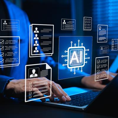 Businessman using a laptop illustrated with AI-powered software graphics.