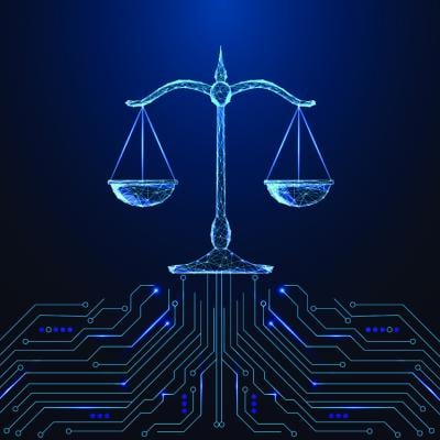 A glowing polygonal balance scale on a futuristic dark blue background as a concept of AI and legal technology.