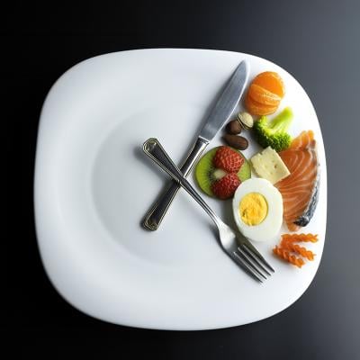 A plate of healthy ingredients simulating a clock with its hands represented by a knife and a fork as a concept of intermittent fasting.