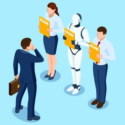 A vector illustration of two job applicants and a recruitment robot during a hiring process.