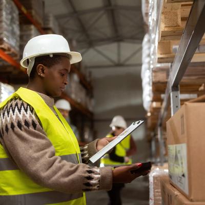 A worker doing a package inventory in a distribution warehouse.