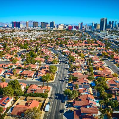 An aerial skyline view of a Las Vegas suburb in Nevada, USA. 
