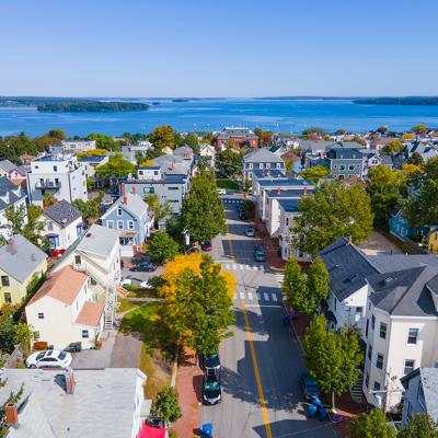 An aerial view of Munjoy Hill's historic neighborhood in Portland, Maine, USA.