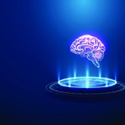 A 3D graphic image of a human brain with neon light beams in a podium.