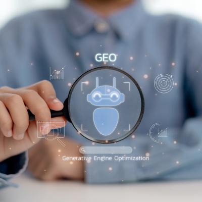 Person holding a magnifying glass illustrated with GEO concept graphics.