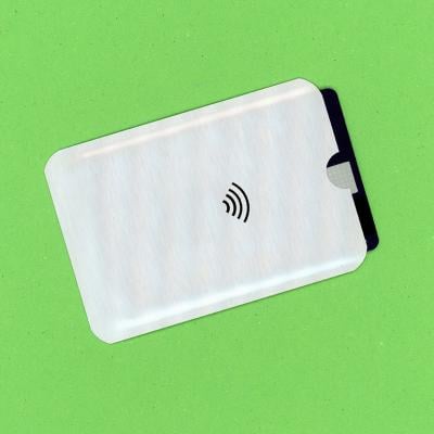 An RFID wallet against a green background.