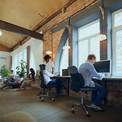 Employees in an interactive co-working space.
