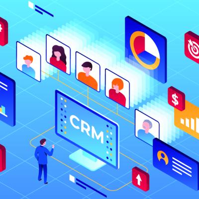 A vector illustration showing strategy icons of CRM (Customer Relationship Management).