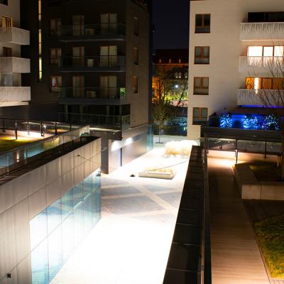 A modern residential complex at night in Wroclaw, Poland. 
