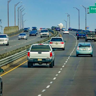 Traffic situation via the I-10 High-Rise Bridge in New Orleans, Louisiana, USA.