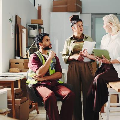 A team checking in together for delivery and retail updates in a stock room.