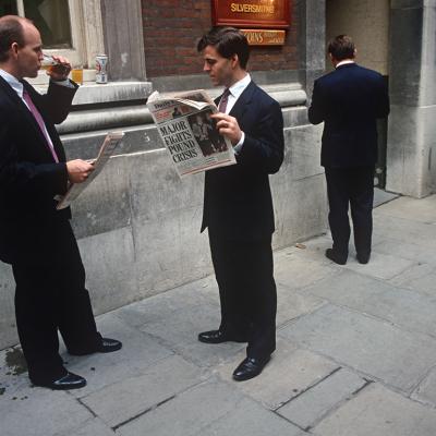 Businessmen in 1992 reading a Daily Express newspaper when Prime Minister John Major announced the Pound Crisis.