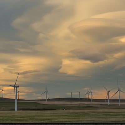 Wind turbines along the Crowsnest Highway near Pincher Creek, Alberta, Canada.