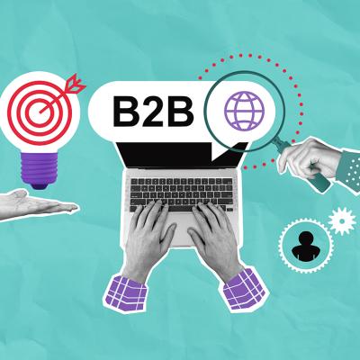 A collage of hands, laptop, and business graphics symbolizing B2B digital marketing on a teal paper background.