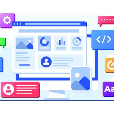 A vector illustration of interface elements and browser windows on computer.