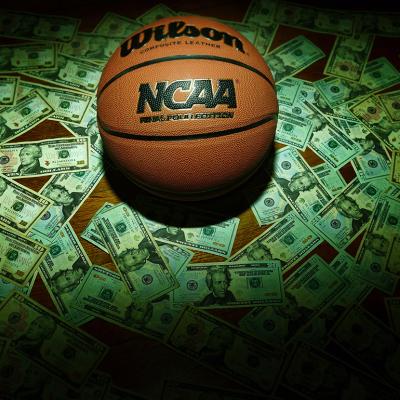 An NCAA Final Four Edition basketball surrounded by banknotes.