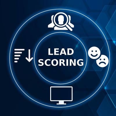 Circular tech graphic showing concept of lead scoring icons.