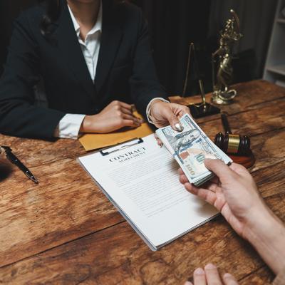 A legal professional accepting cash from a client over a contract agreement.
