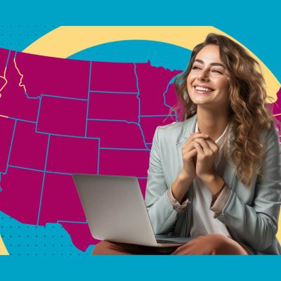 A custom illustration of a young happy businesswoman over a map of the US as a concept of starting a business in the U.S.