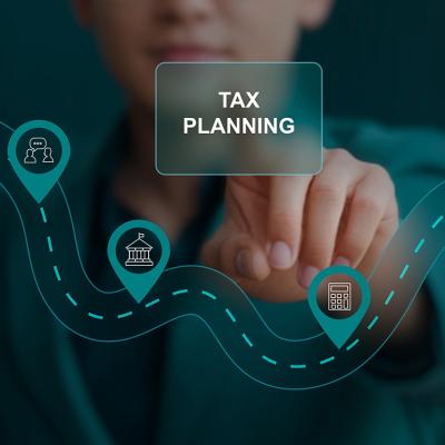 Person pointing at a tax planning graphic.