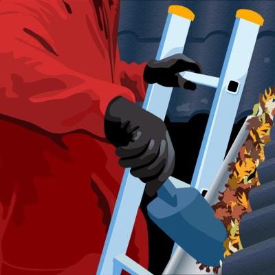 A custom art of a person cleaning leaves off a roof gutter