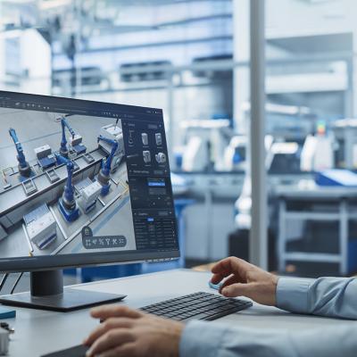 A factory engineer works with an advanced 3D CAD software to model robotic assembly line.