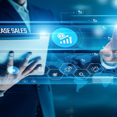 Businessman analyzing global networks sales growth.