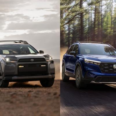 A side-by-side photo of a Honda CR-V and a Toyota RAV4.