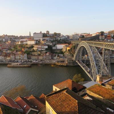 An aerial view of the traditional Ribeira neighborhood in Porto, Portugal.