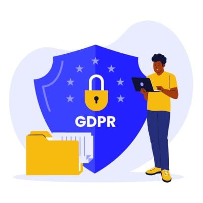 Vector illustration of an employee with GDPR data protection graphics.