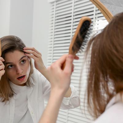 A person checking her hair while facing a mirror in a bathroom.