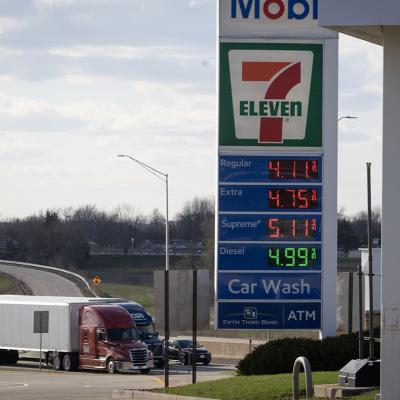 Fuel prices are displayed at a tollway oasis on April 06, 2026 in Belvidere, Illinois.