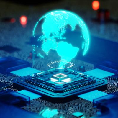 Holographic illustration of the globe over a quantum processor chip.