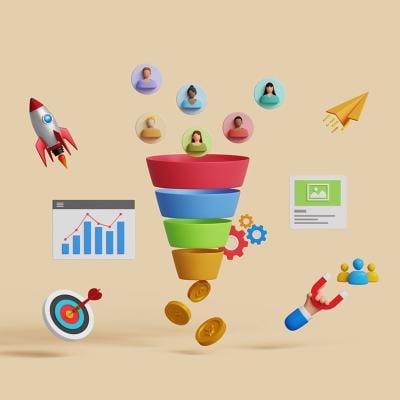 3D concept illustration of converting audience into sales.