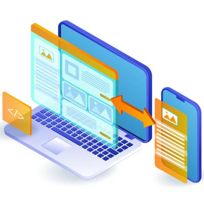 A vector illustration of a responsive web design and blogger articles from a laptop.