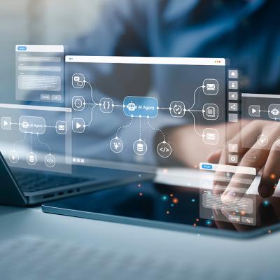 An analyst working on AI workflow automation concept and data tools.